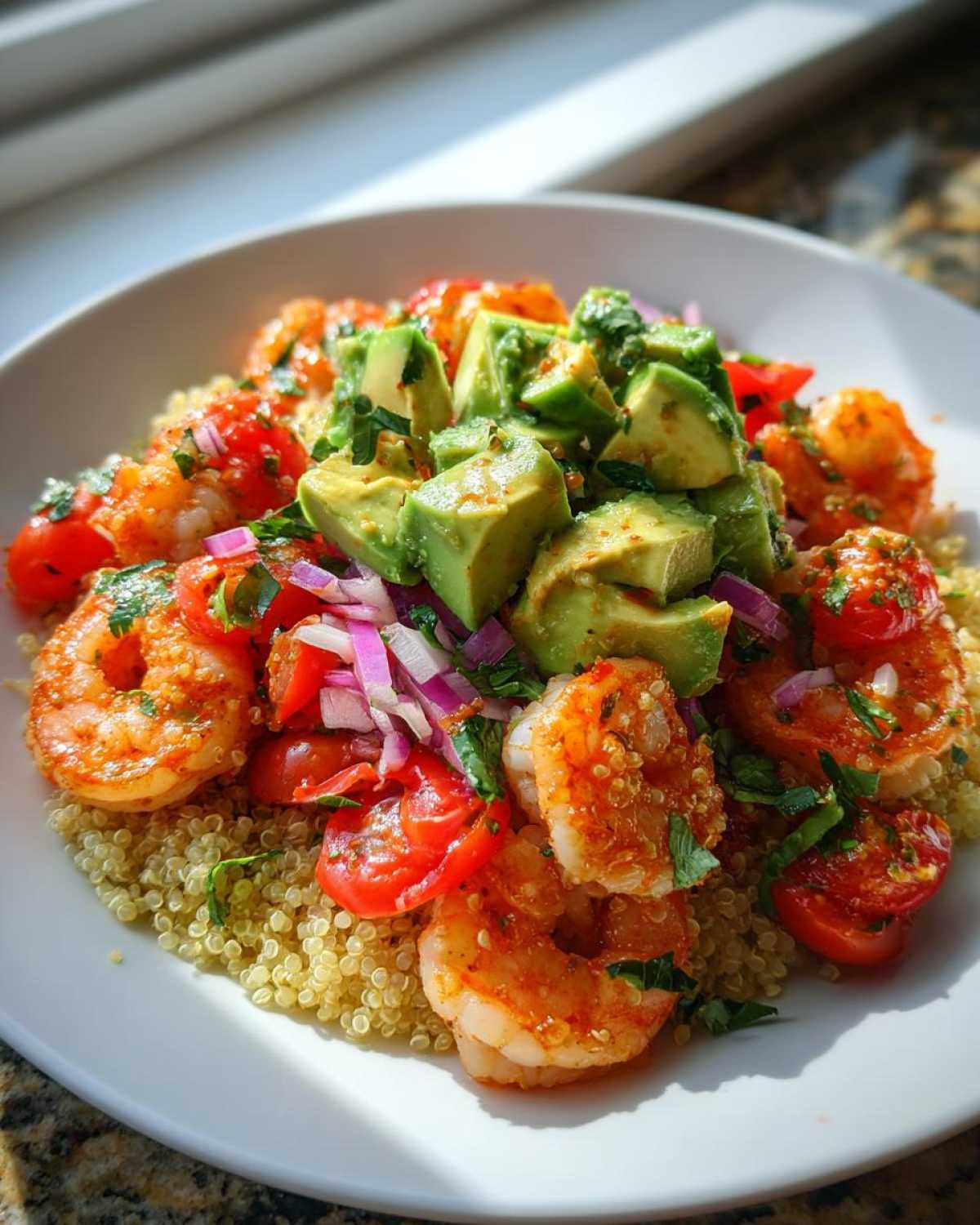 Close-up of a delicious shrimp and avocado bowls featuring seasoned shrimp, diced avocado, tomatoes, and red onion over quinoa.