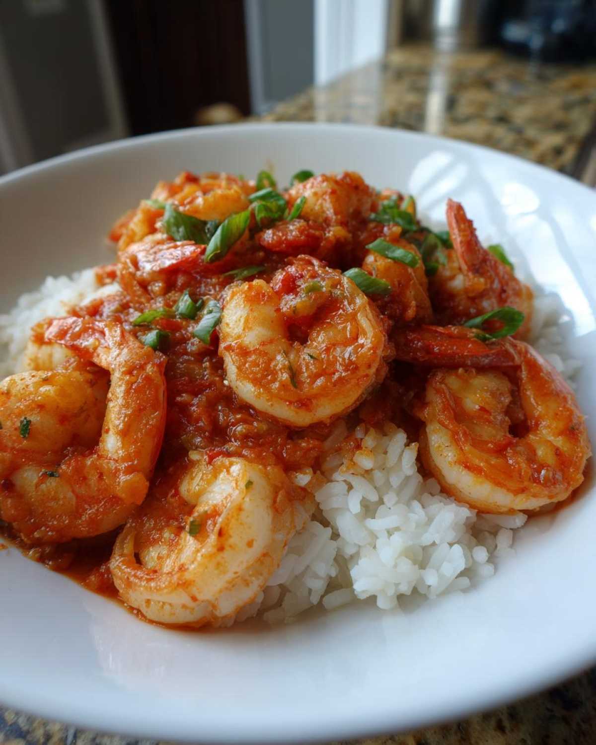 Close-up of a white bowl filled with white rice topped generously with saucy shrimp creole and garnished with green onions.