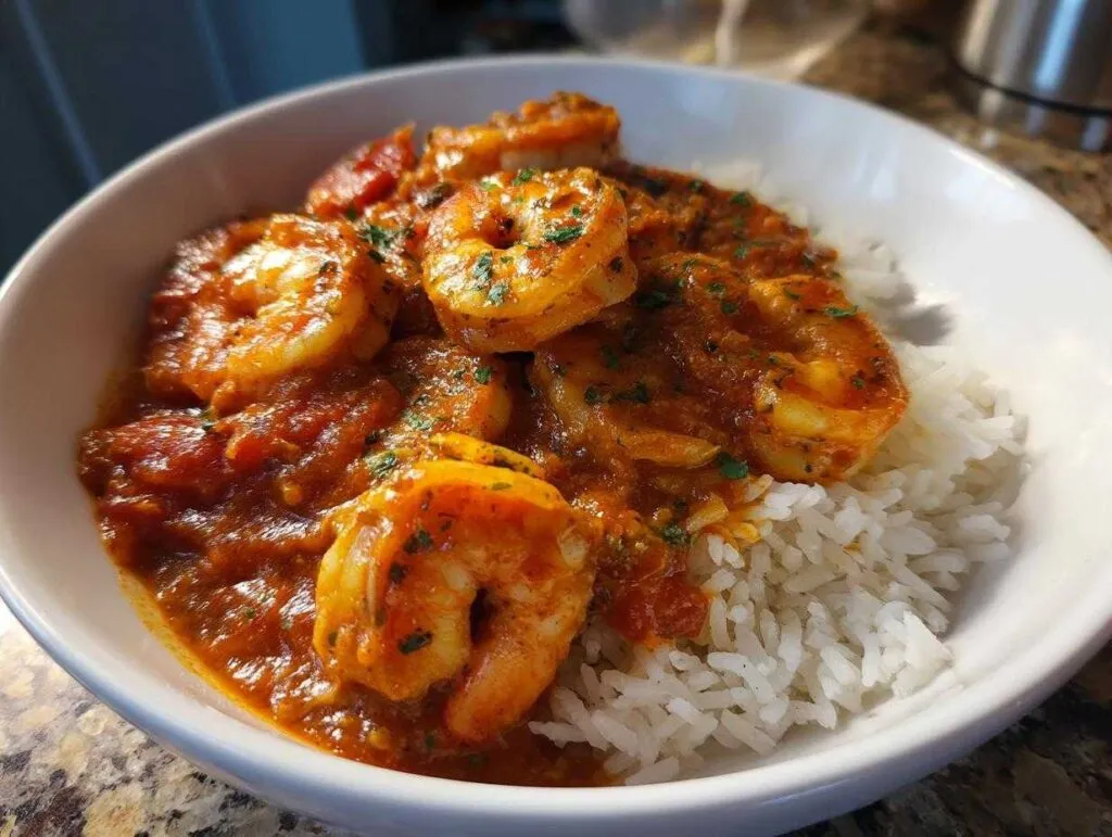 A white bowl filled with bright orange shrimp creole served over a bed of fluffy white rice, garnished with parsley.