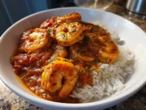 A white bowl filled with bright orange shrimp creole served over a bed of fluffy white rice, garnished with parsley.
