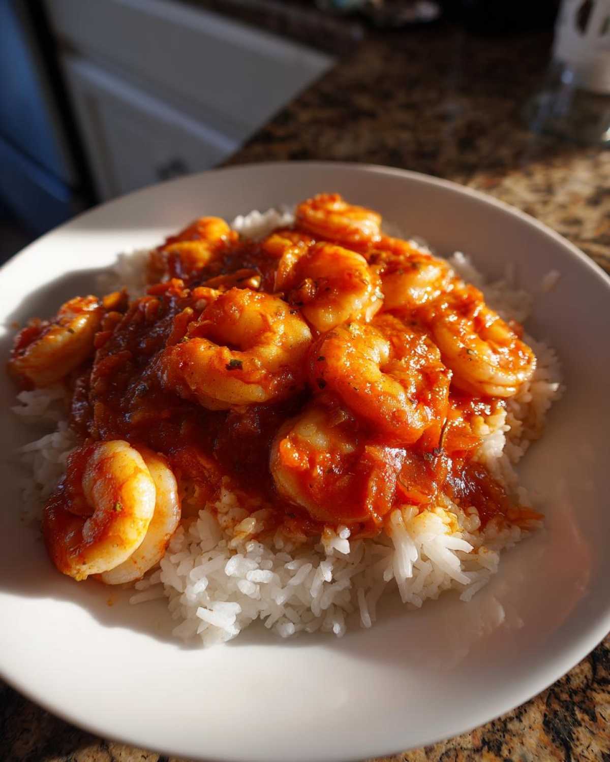 A white bowl filled with white rice topped generously with vibrant red shrimp creole sauce and plump shrimp.