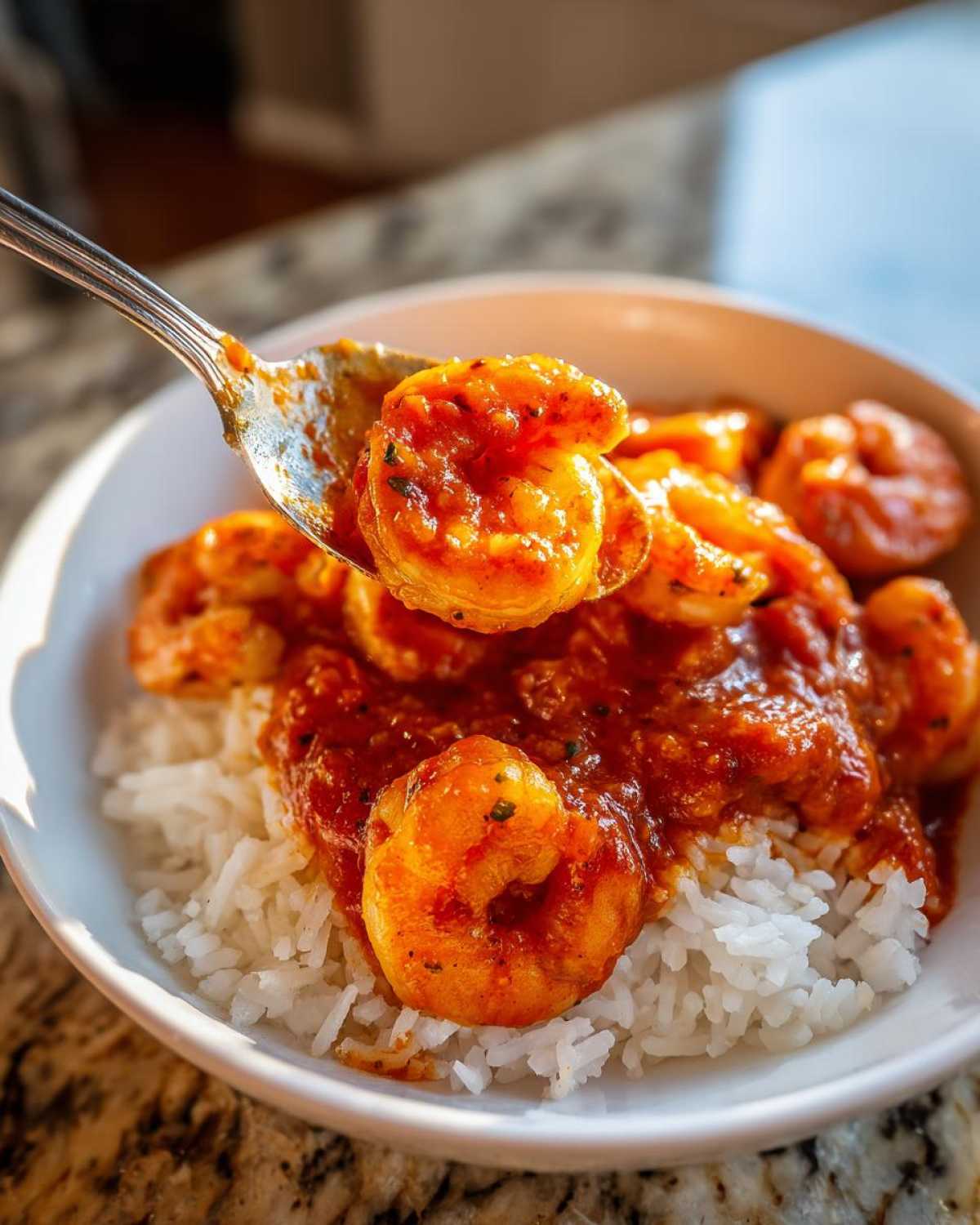 A spoonful of rich, saucy shrimp creole being lifted from a bowl of white rice.