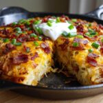 A cross-section view of amazing 3-ingredient loaded hash browns topped with melted cheese, bacon, and sour cream.
