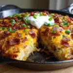 A cross-section view of amazing 3-ingredient loaded hash browns topped with melted cheese, bacon, and sour cream.