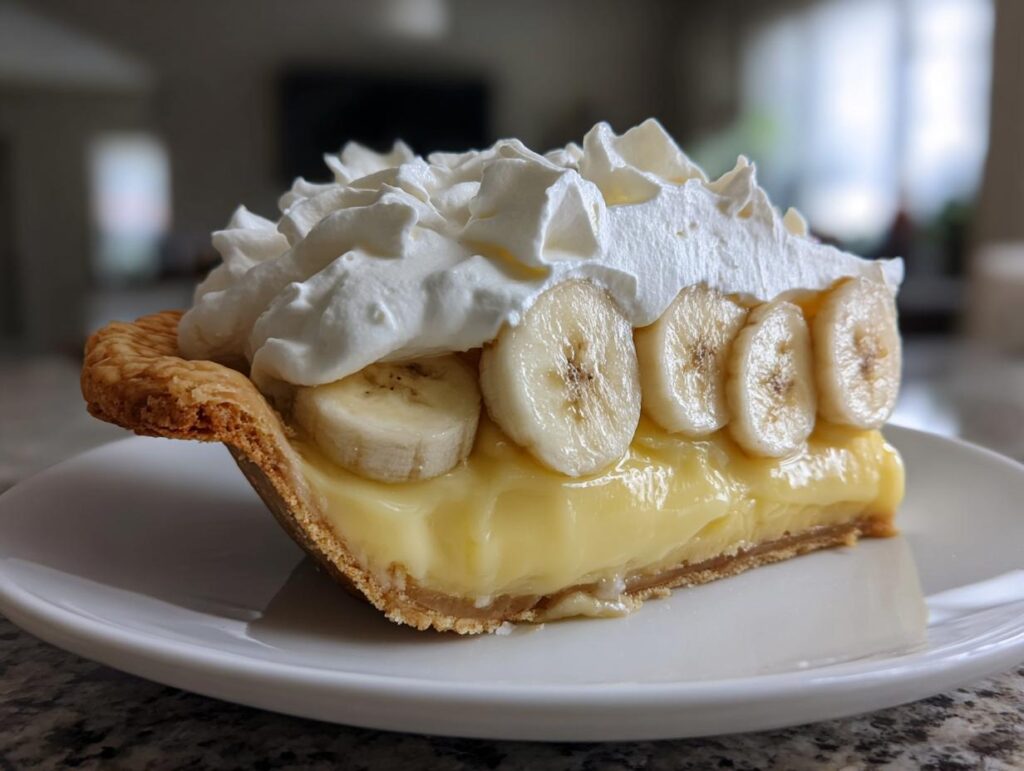 A close-up of a slice of amazing banana cream pie recipe with thick custard, fresh banana slices, and whipped cream.