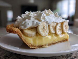 A close-up of a slice of amazing banana cream pie recipe with thick custard, fresh banana slices, and whipped cream.