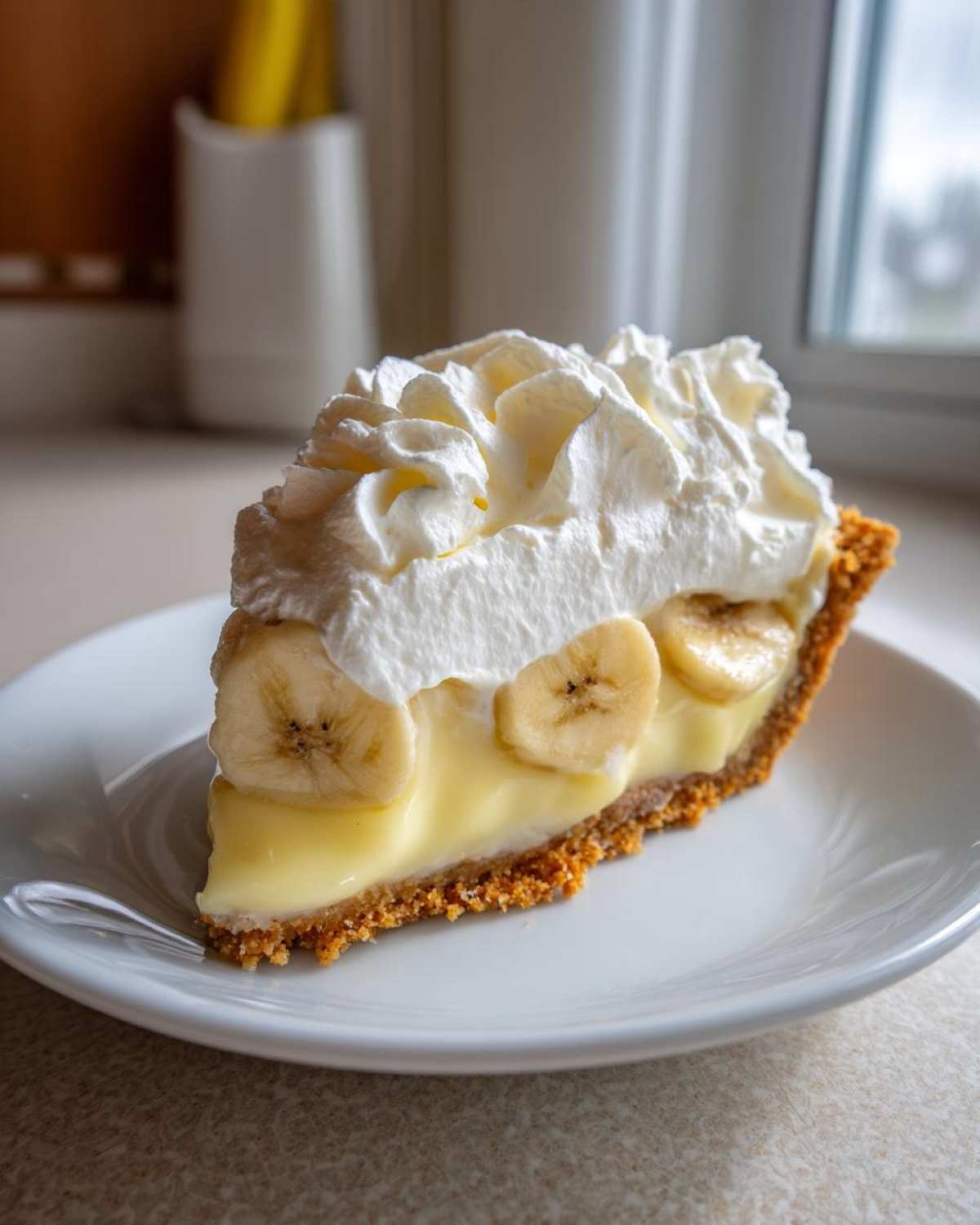 A perfect slice of banana cream pie recipe featuring a graham cracker crust, creamy filling, banana slices, and a generous topping of whipped cream.