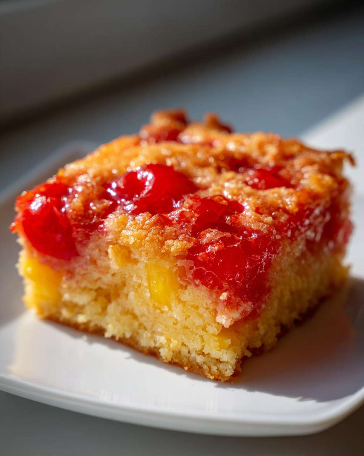 A square slice of cherry pineapple dump cake showing bright red cherries and yellow pineapple chunks in a moist cake base.
