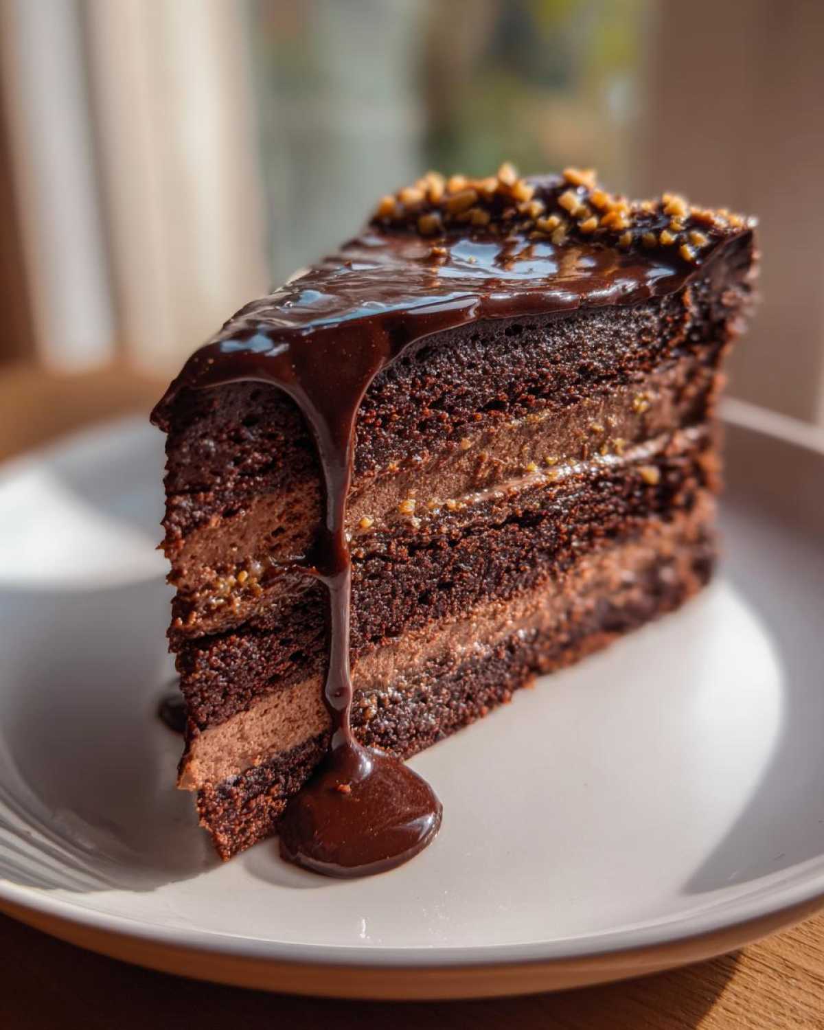 A tall, rich slice of dubai chocolate cake layered with mousse and topped with dripping chocolate ganache and nuts.