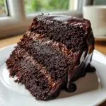 Close-up of a decadent slice of dubai chocolate cake with dark chocolate layers and a thick, dripping chocolate ganache.