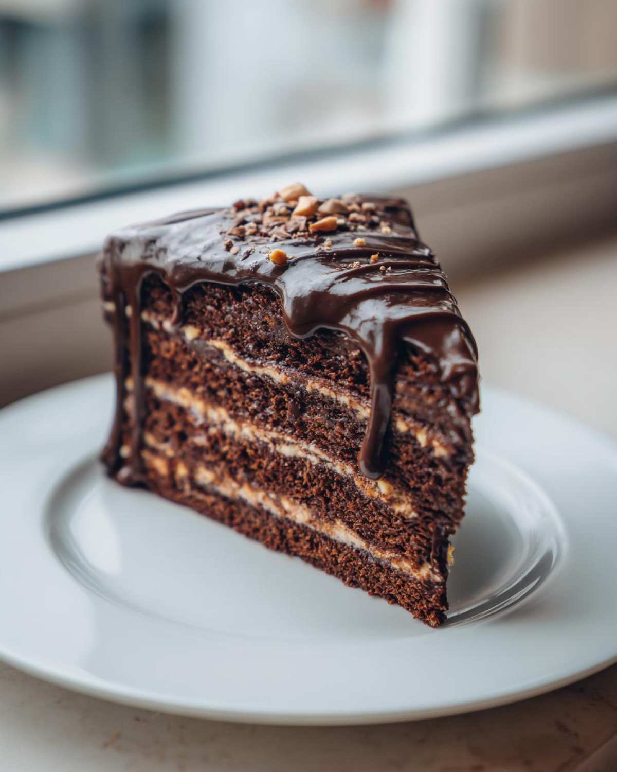 A tall slice of multi-layered dubai chocolate cake covered in dark chocolate ganache and topped with nuts.