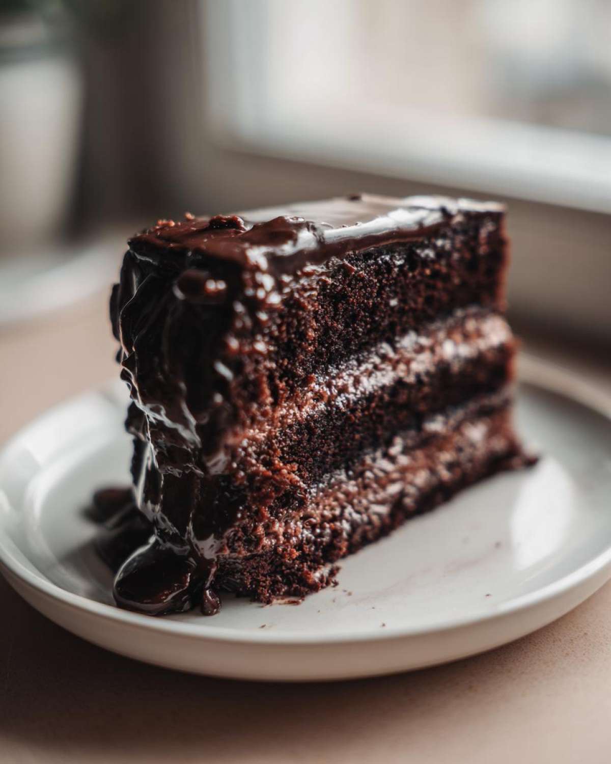 A rich, moist slice of dubai chocolate cake with thick, glossy chocolate ganache dripping down the sides.