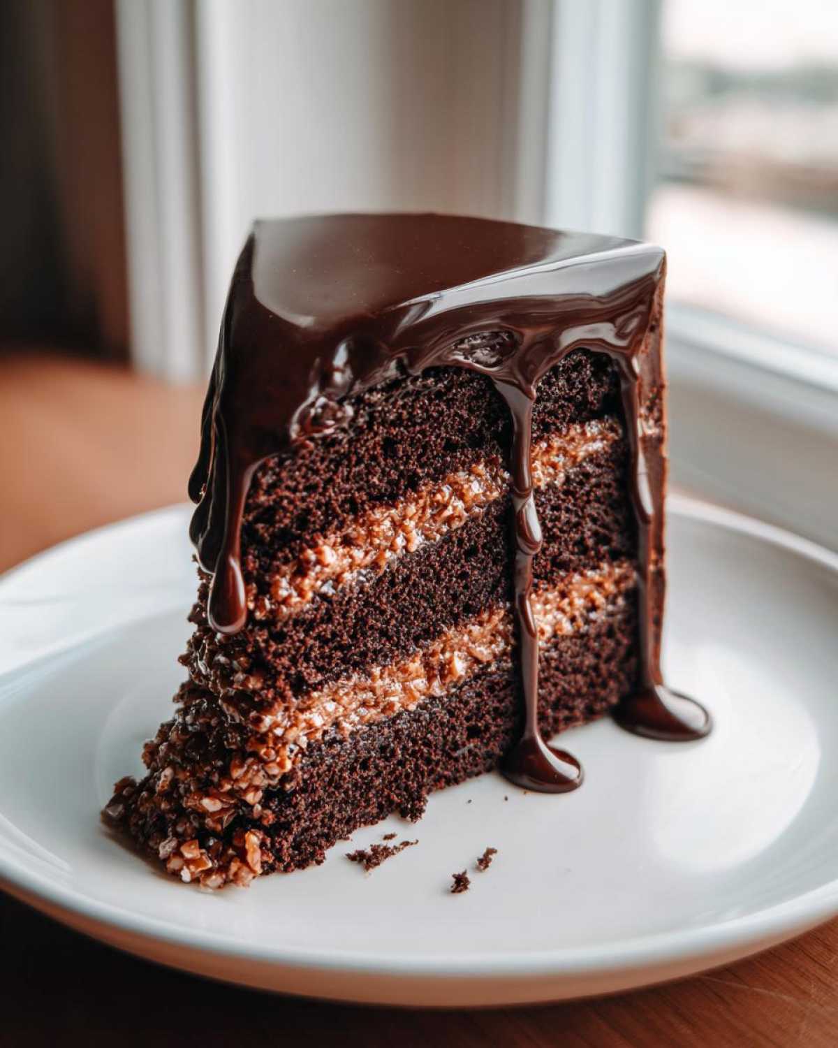 A decadent slice of dubai chocolate cake layered with filling and topped with glossy chocolate ganache dripping down the sides.