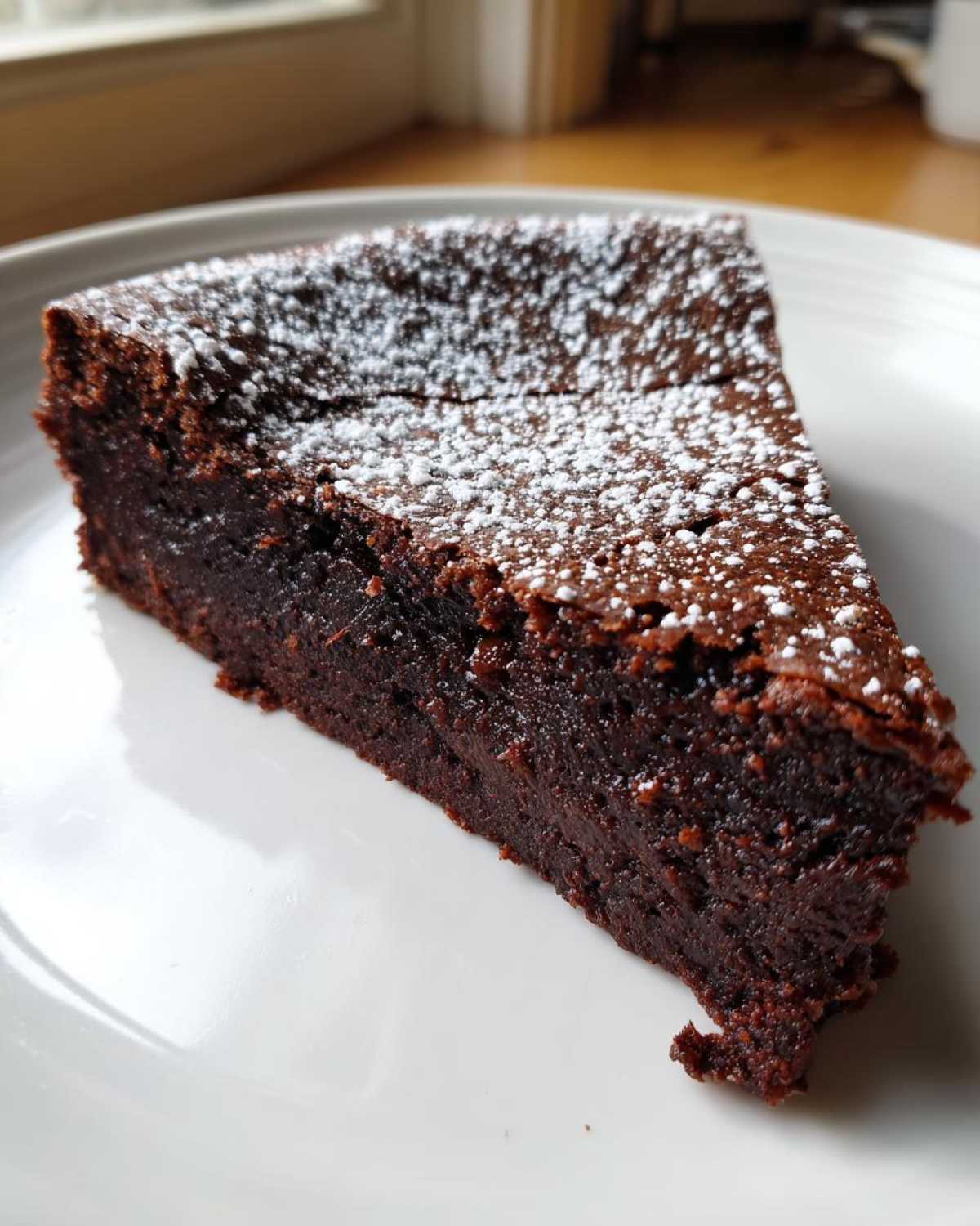 A close-up of a dense, dark slice of flourless chocolate cake dusted with white powdered sugar on a white plate.