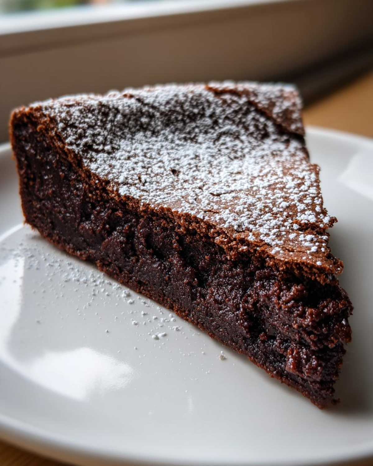 A close-up of a dense, moist slice of flourless chocolate cake dusted with powdered sugar on a white plate.