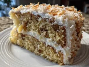 Close-up of a moist slice of hawaiian wedding cake layered with white frosting and topped with toasted coconut flakes.
