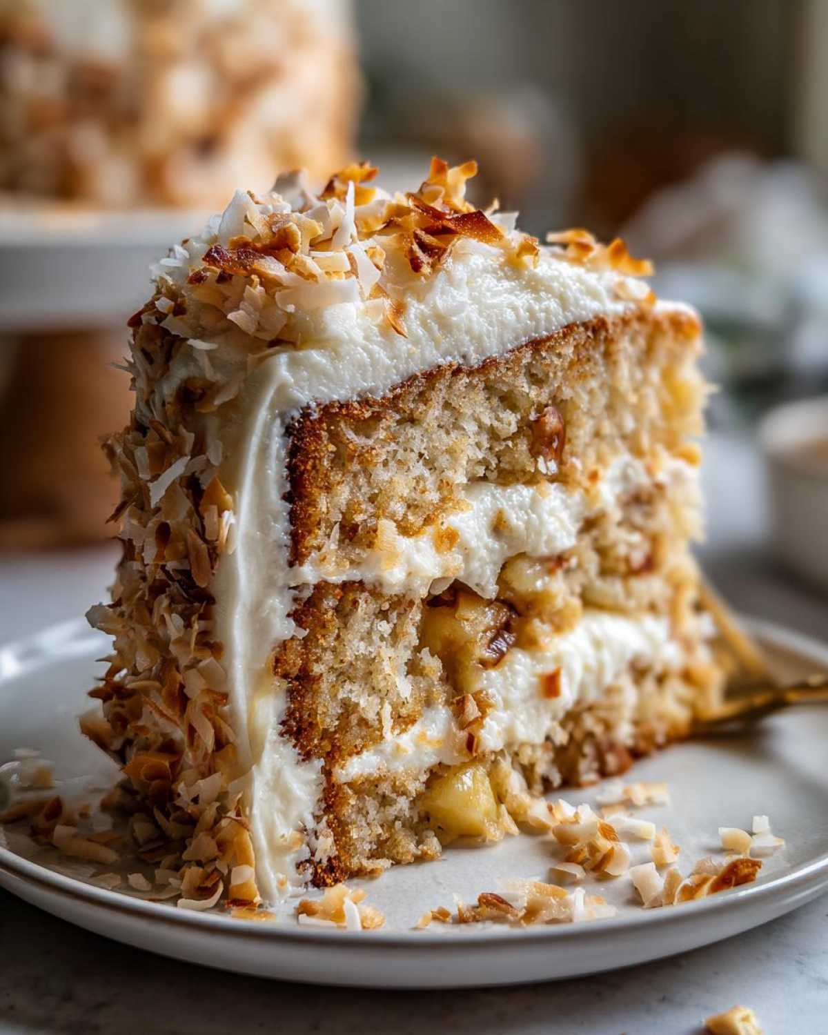 Close-up of a moist slice of hawaiian wedding cake with three layers, white frosting, and toasted coconut flakes.