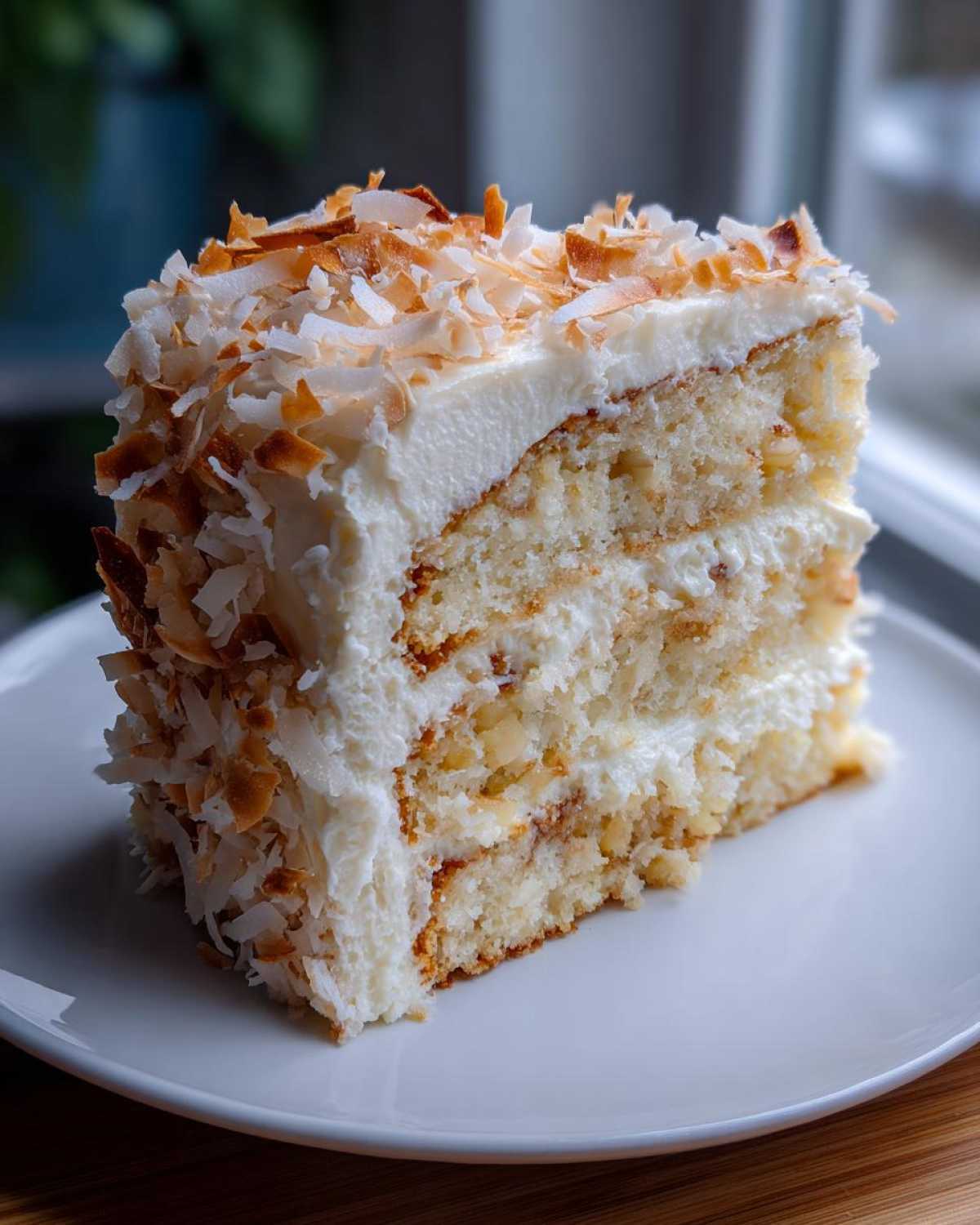 A close-up slice of moist 3-layer hawaiian wedding cake covered in white frosting and toasted coconut flakes.