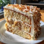 Close-up of a moist slice of hawaiian wedding cake layered with cream filling and topped with toasted coconut flakes.