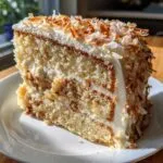 Close-up of a moist slice of hawaiian wedding cake layered with cream filling and topped with toasted coconut flakes.