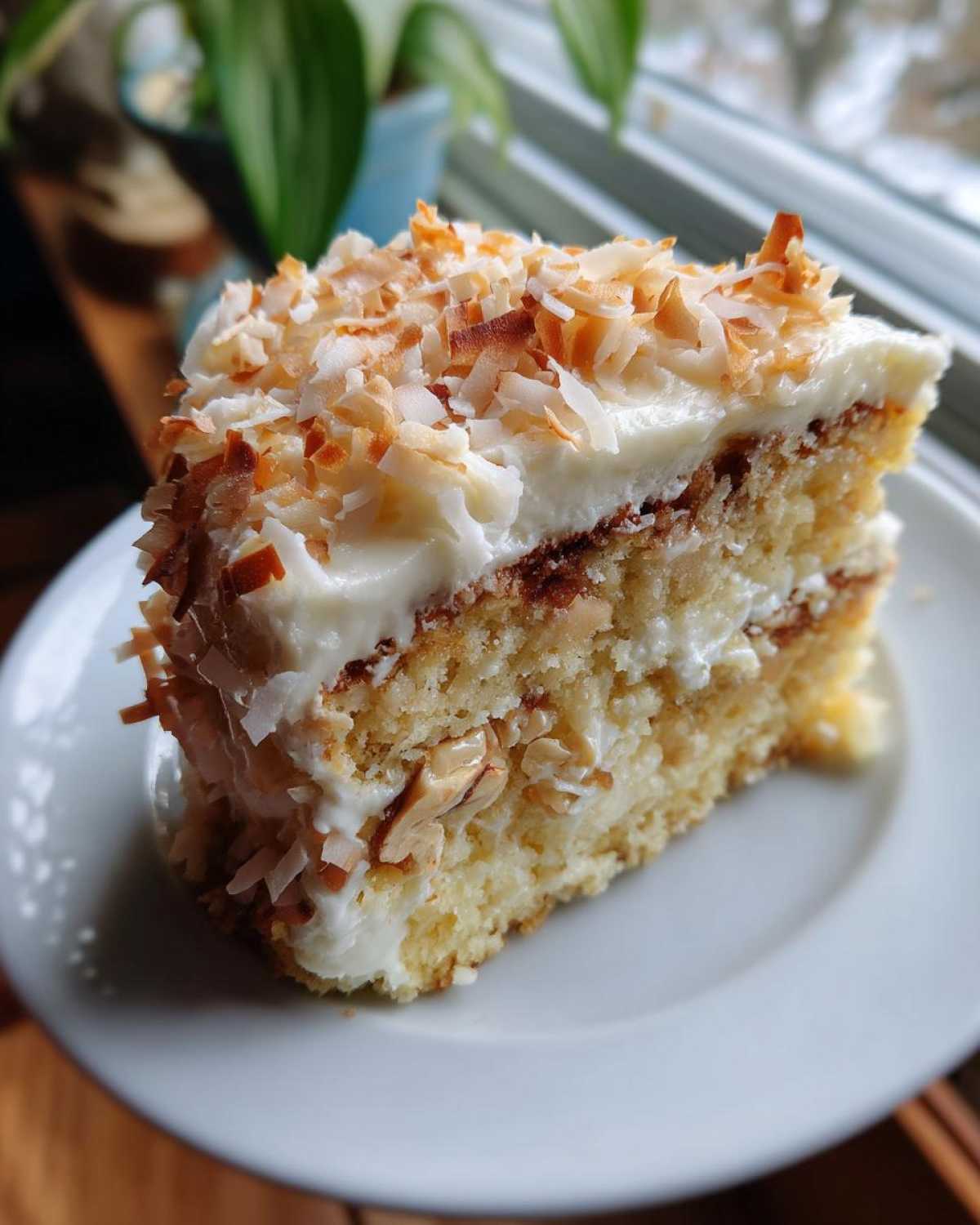Close-up of a slice of moist hawaiian wedding cake layered with frosting and topped with toasted coconut flakes.