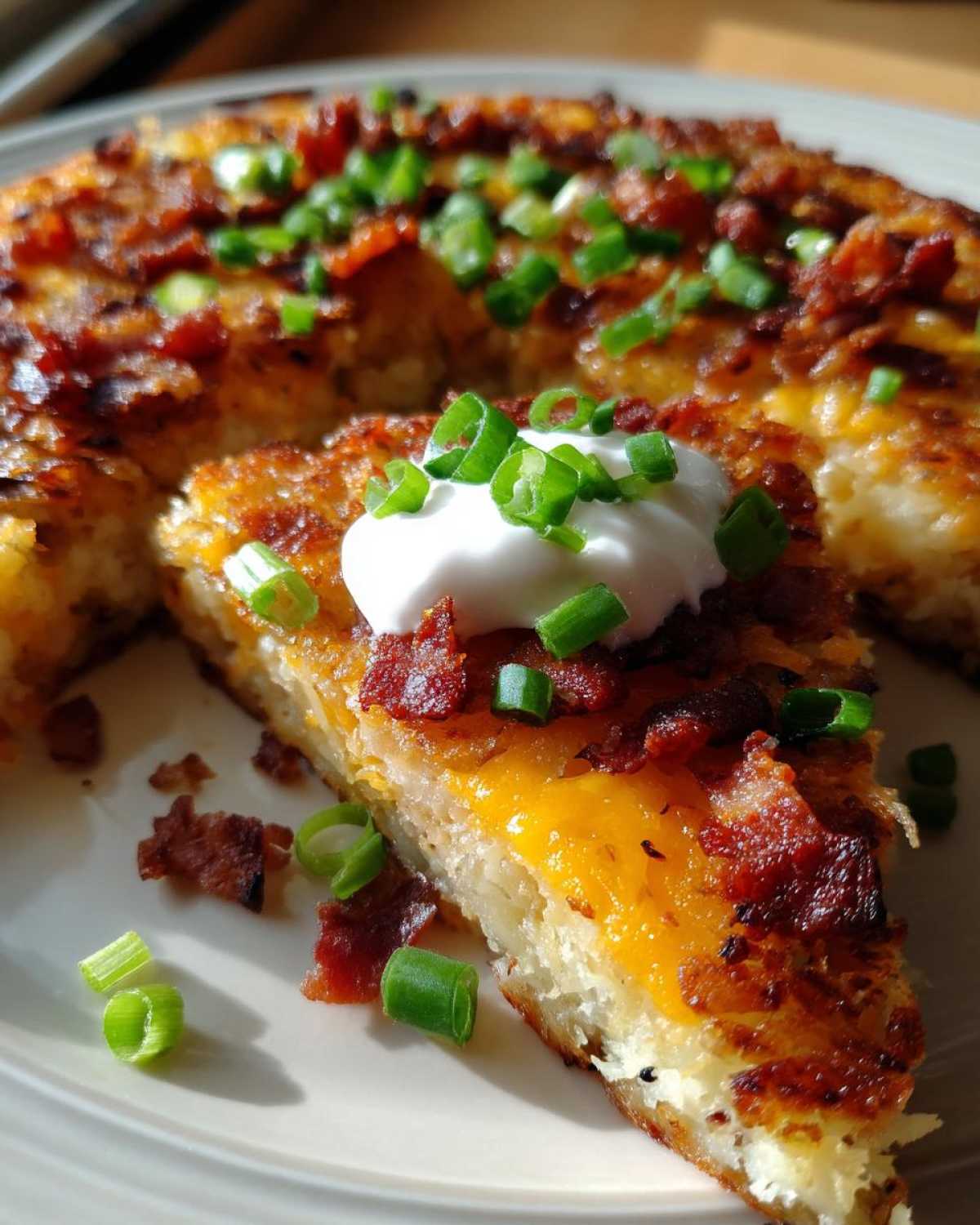 A close-up of a slice of baked loaded hash browns topped with melted cheddar, bacon bits, sour cream, and chives.