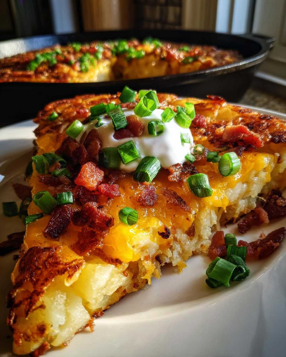 A close-up slice of amazing 3-ingredient loaded hash browns topped with melted cheddar, bacon bits, sour cream, and green onions.