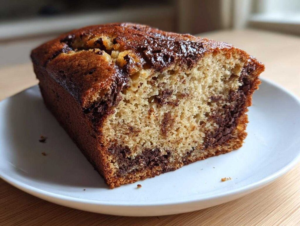 A close-up of a moist slice of peanut butter banana bread featuring a rich chocolate swirl, served on a white plate.
