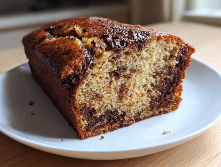 A close-up of a moist slice of peanut butter banana bread featuring a rich chocolate swirl, served on a white plate.