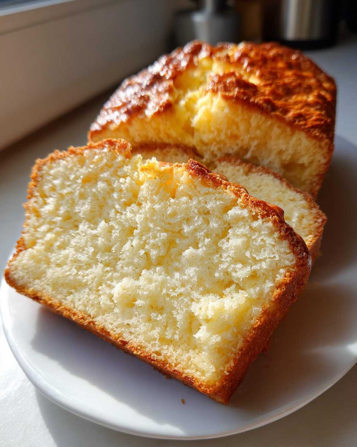 Close-up of two thick slices of golden brown beer bread showing the fluffy interior texture on a white plate.