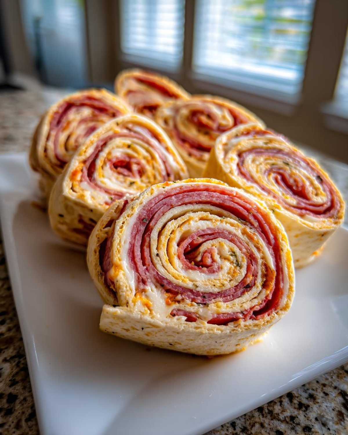 Several slices of rolled Italian pinwheels filled with salami, cheese, and spread, arranged on a white platter.