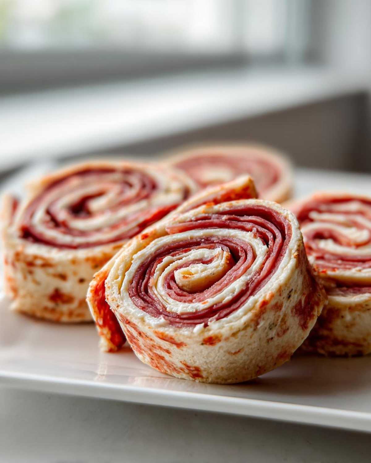 Close-up of several sliced Italian pinwheels showing layers of salami, cream cheese, and tortilla on a white plate.
