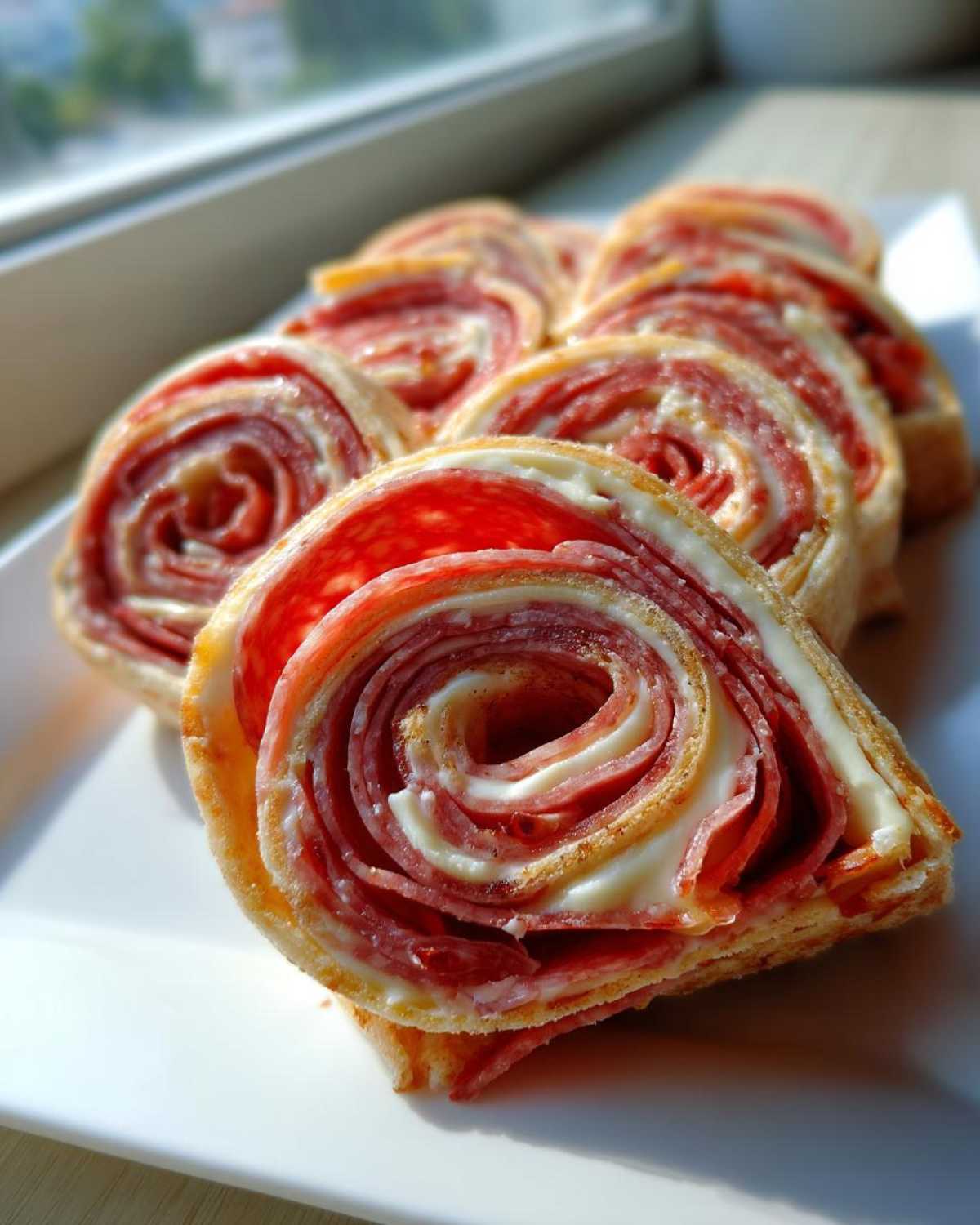 Close-up of several slices of savory Italian pinwheels filled with salami and cream cheese, arranged on a white plate.