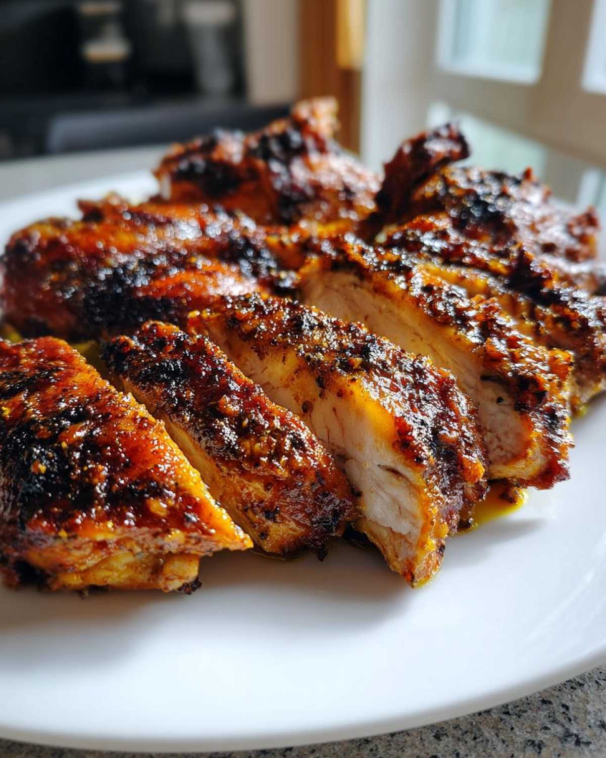 Close-up of perfectly cooked and sliced Jamaican Jerk Chicken showing juicy interior and dark, spicy crust.
