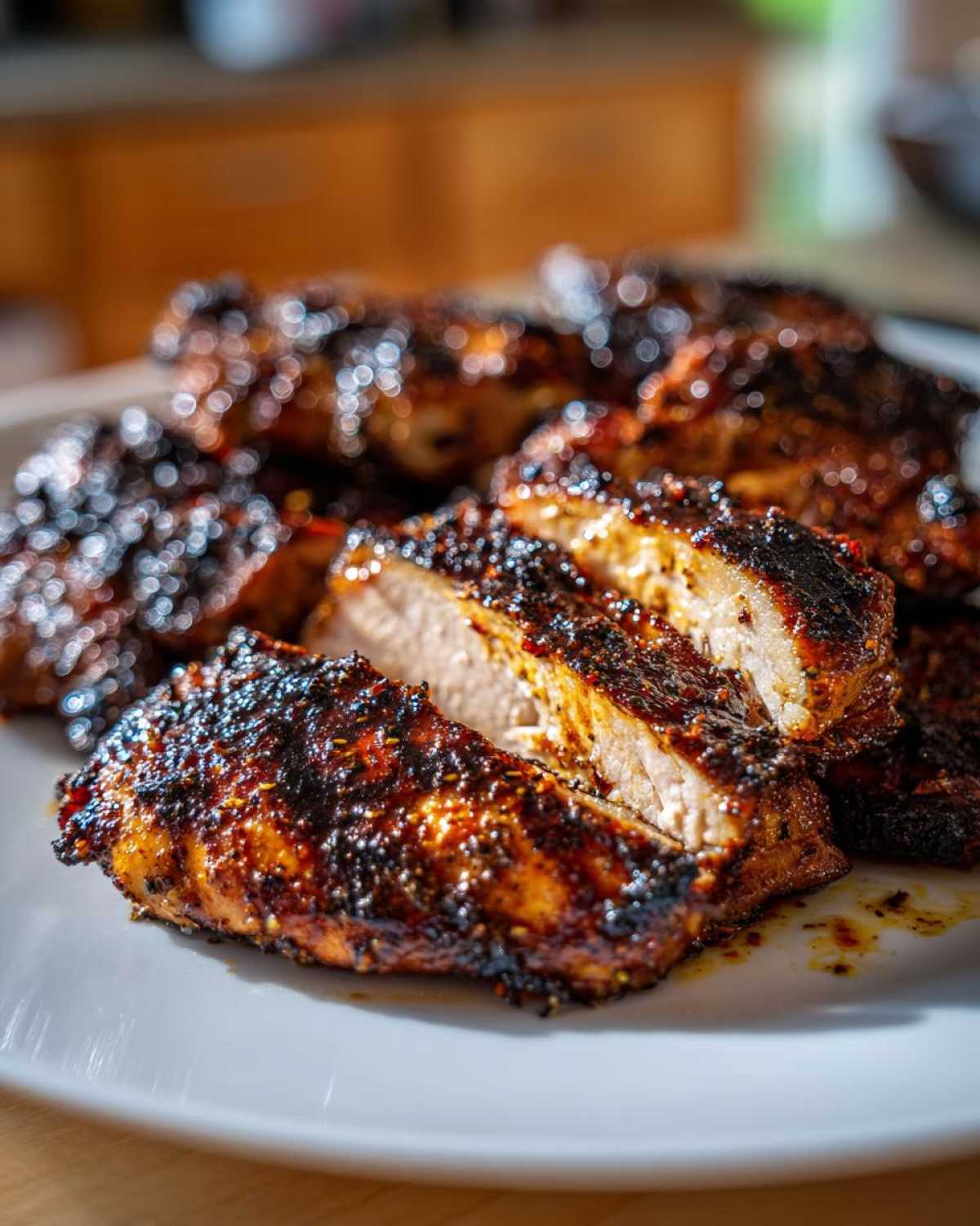 Close-up of sliced Jamaican jerk chicken showing the dark, spicy crust and moist white interior.
