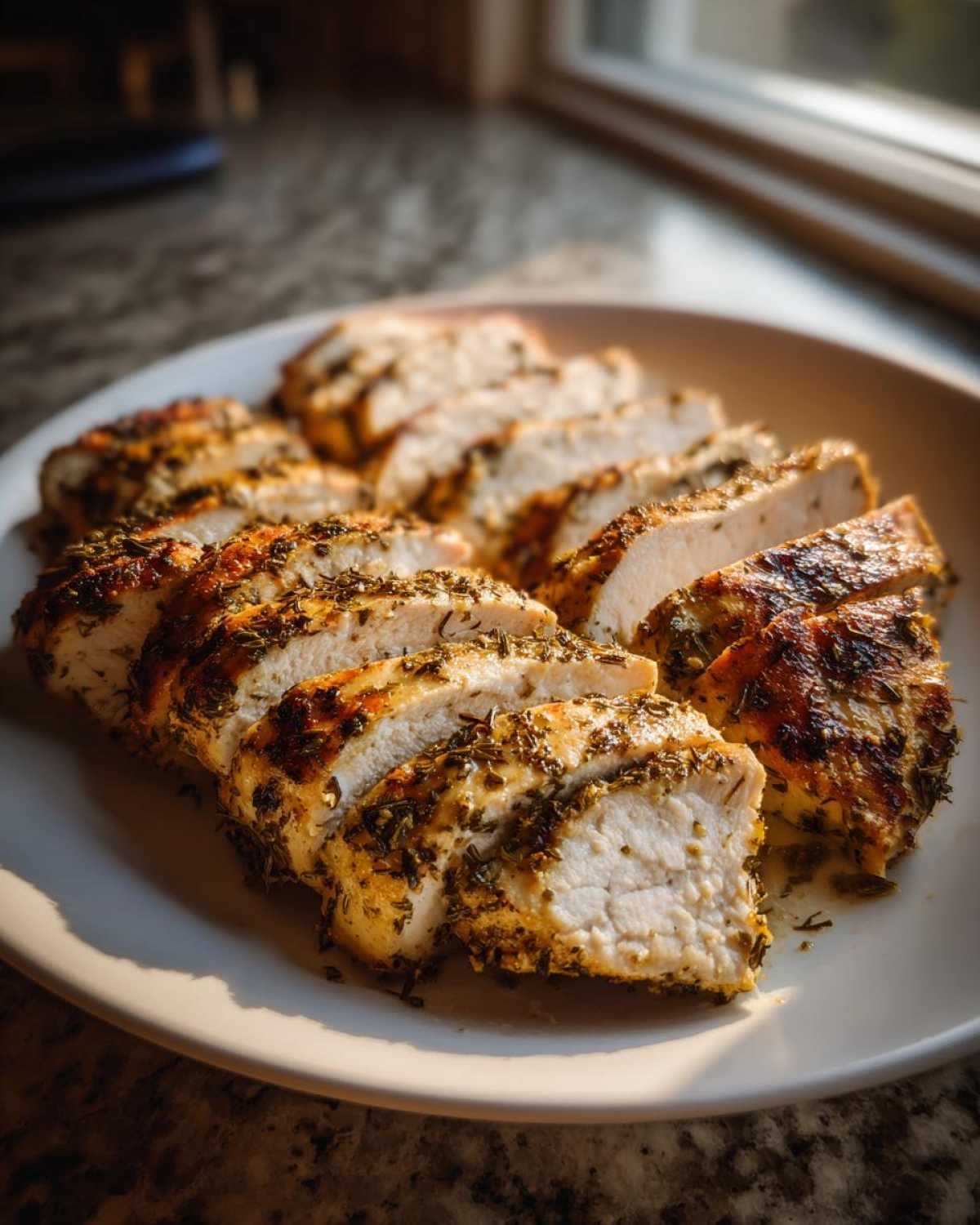 Close-up of sliced, juicy greek chicken breast seasoned heavily with herbs, resting on a white plate.