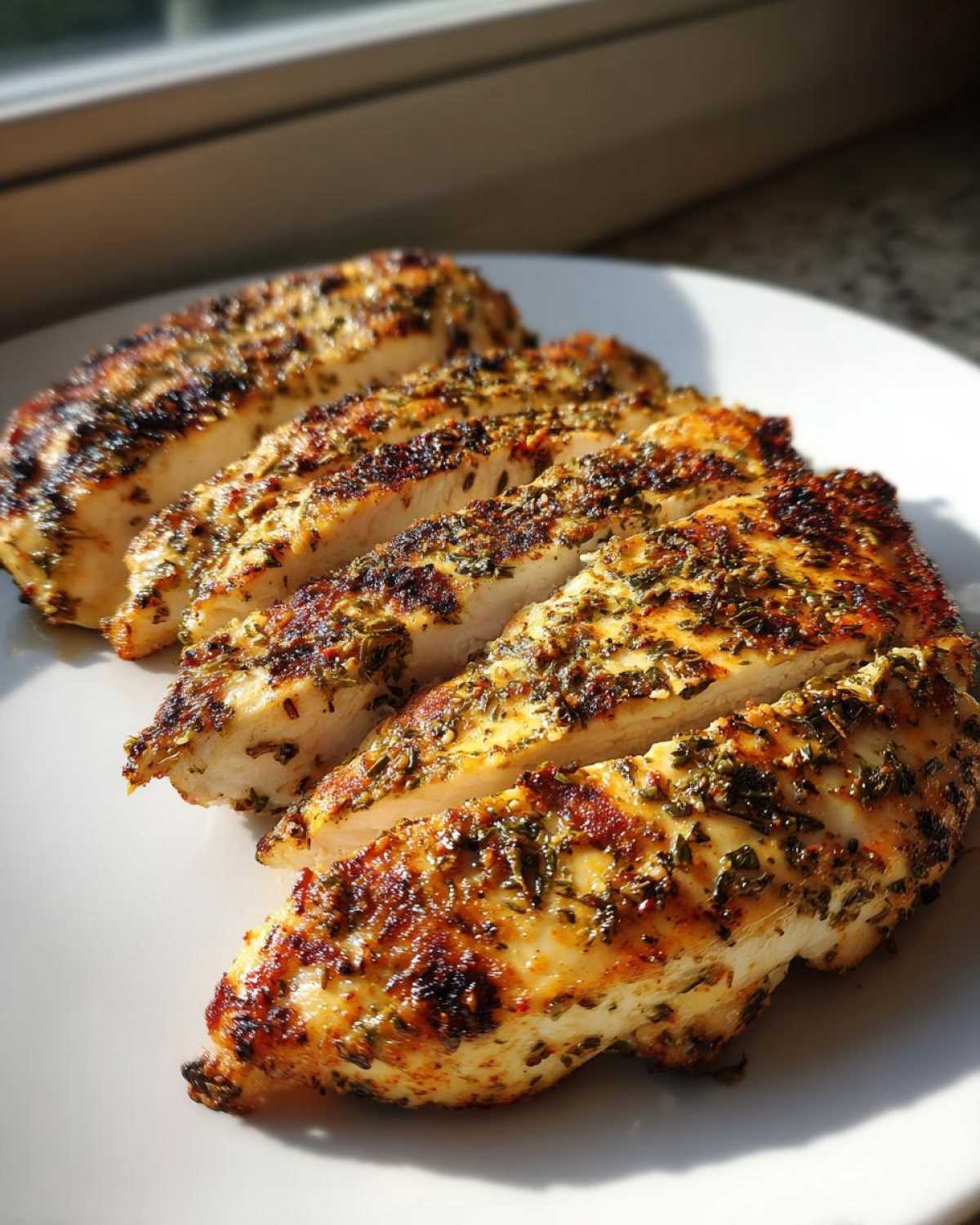 Close-up of sliced, juicy greek chicken breast seasoned heavily with herbs, showing a golden-brown crust.