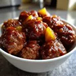 Close-up of glossy, saucy slow cooker meatball pineapple smokies served in a small white bowl.