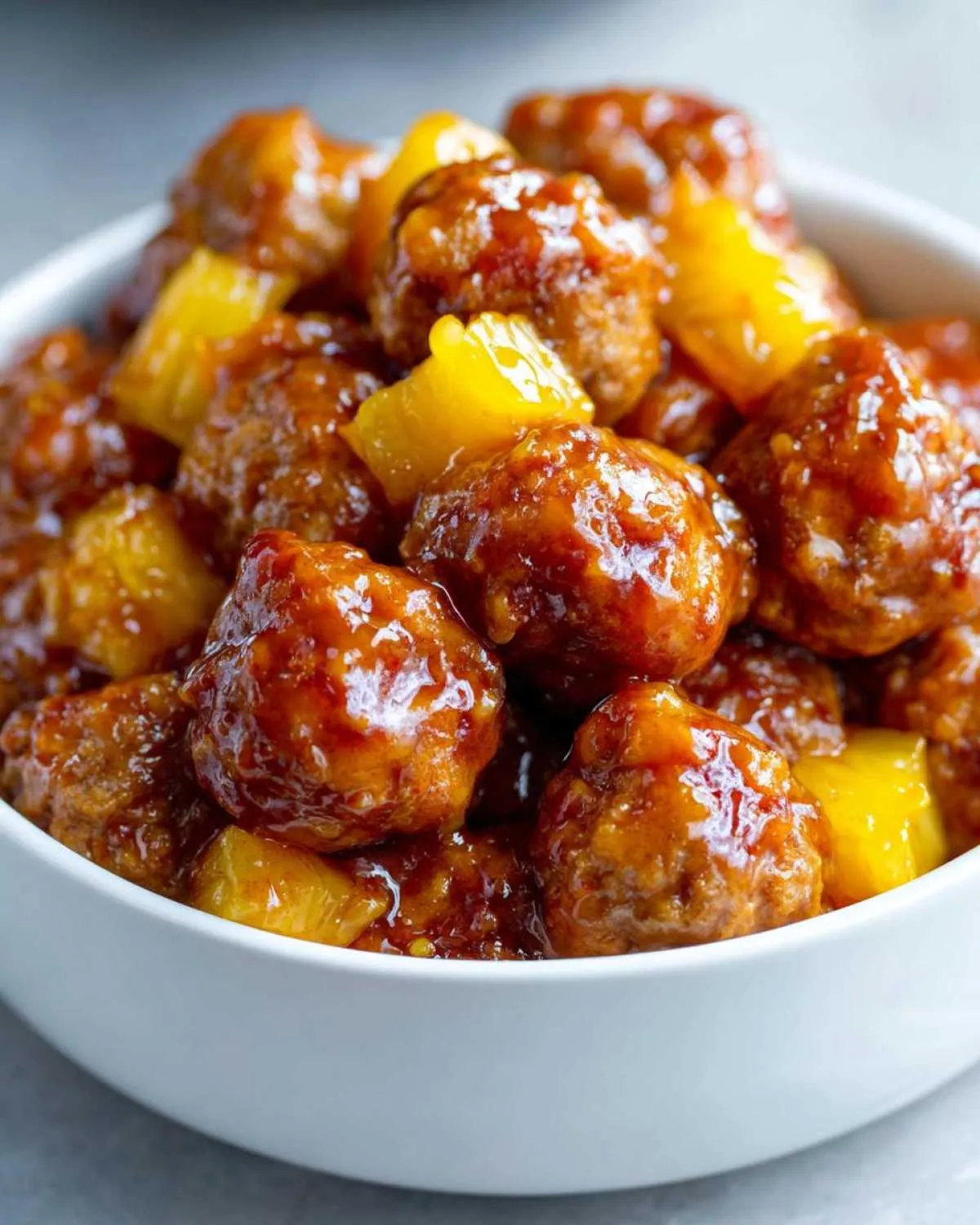 Close-up of glossy, saucy meatballs mixed with chunks of pineapple, ready to serve as slow cooker meatball pineapple smokies.