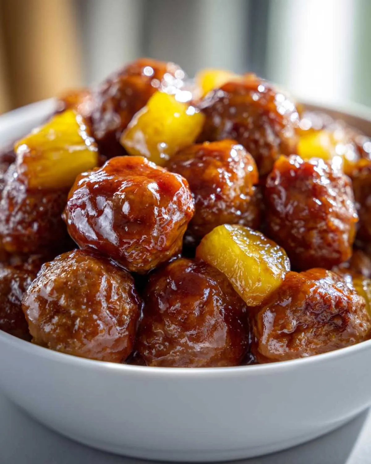 Close-up of glazed meatballs mixed with chunks of pineapple, representing slow cooker meatball pineapple smokies.