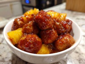 Close-up of glazed meatballs mixed with chunks of pineapple, served in a white bowl, featuring slow cooker meatball pineapple smokies.