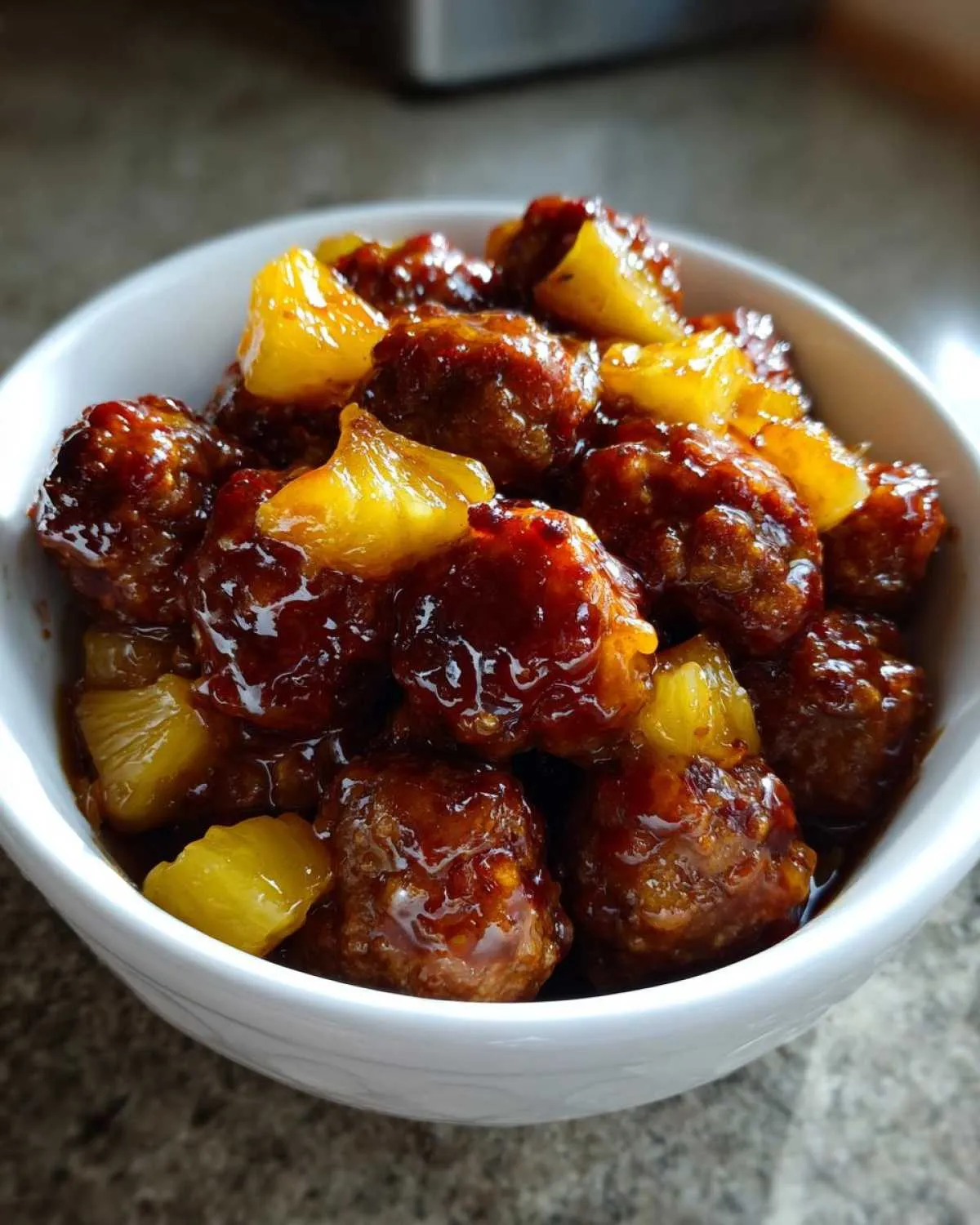 Close-up of glossy, saucy slow cooker meatball pineapple smokies served in a white bowl.