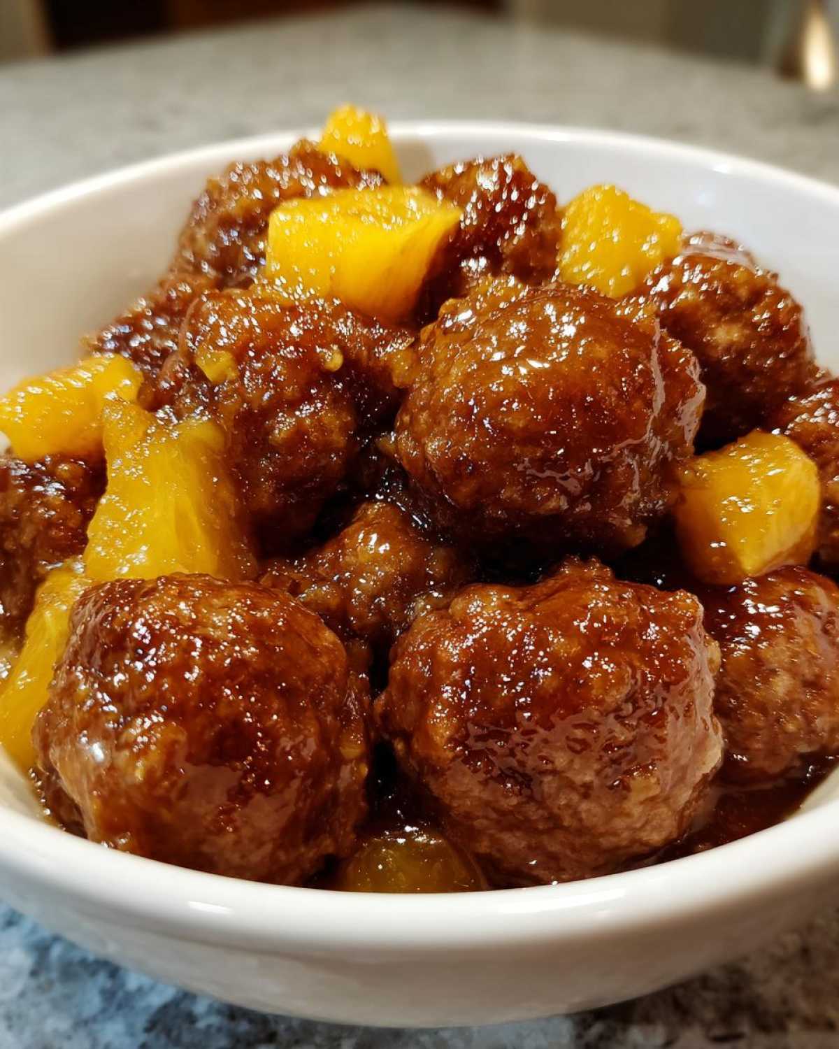 Close-up of saucy slow cooker meatball pineapple smokies covered in a thick, sweet glaze in a white bowl.