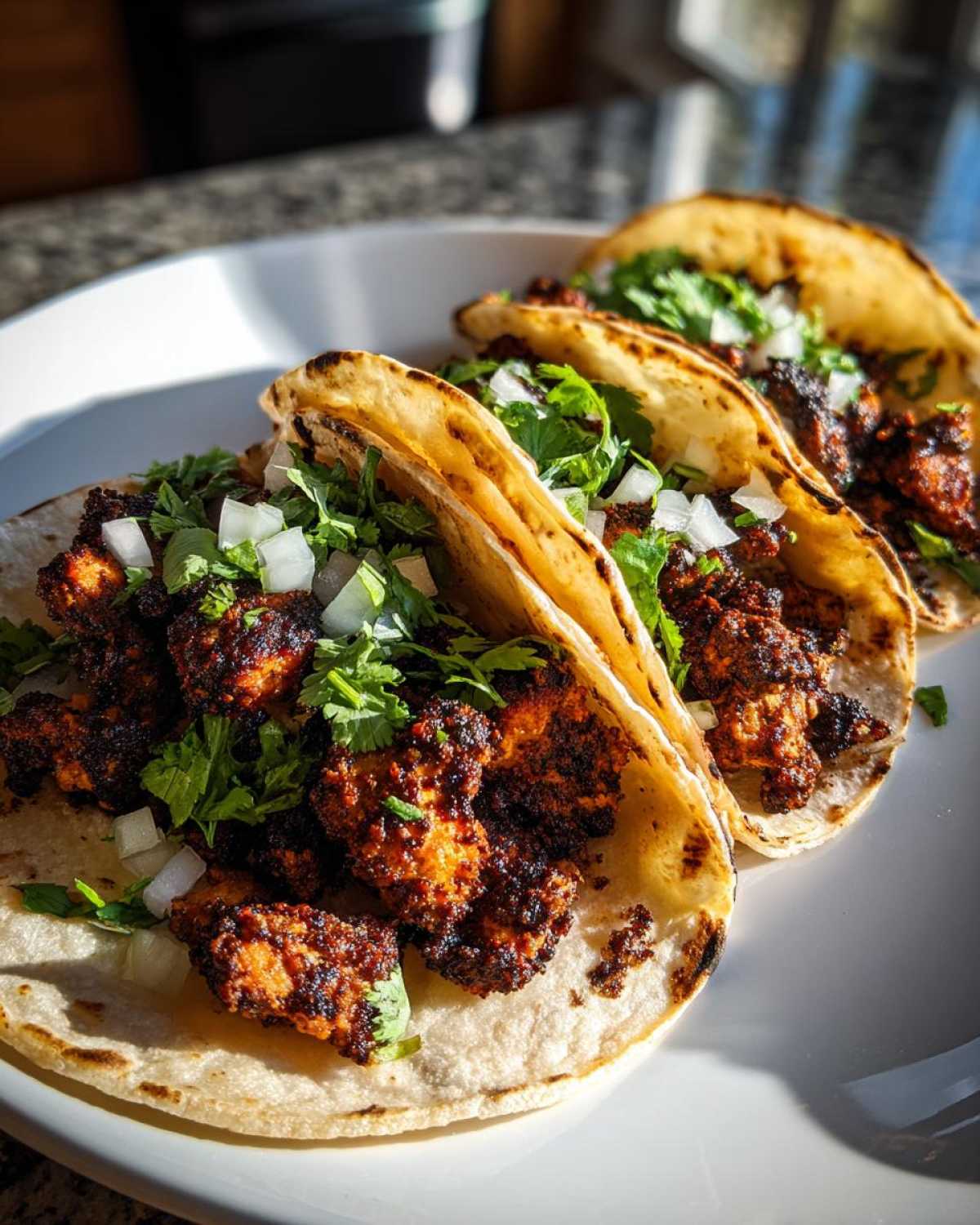 Three delicious smash chicken tacos filled with dark, seasoned chicken, topped with fresh cilantro and diced white onion.