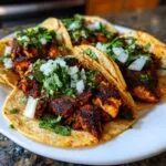 Four delicious smash chicken tacos loaded with dark seasoned chicken, topped with fresh cilantro and diced white onion.