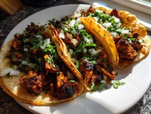 Three perfectly assembled smash chicken tacos topped with diced white onion and fresh cilantro.