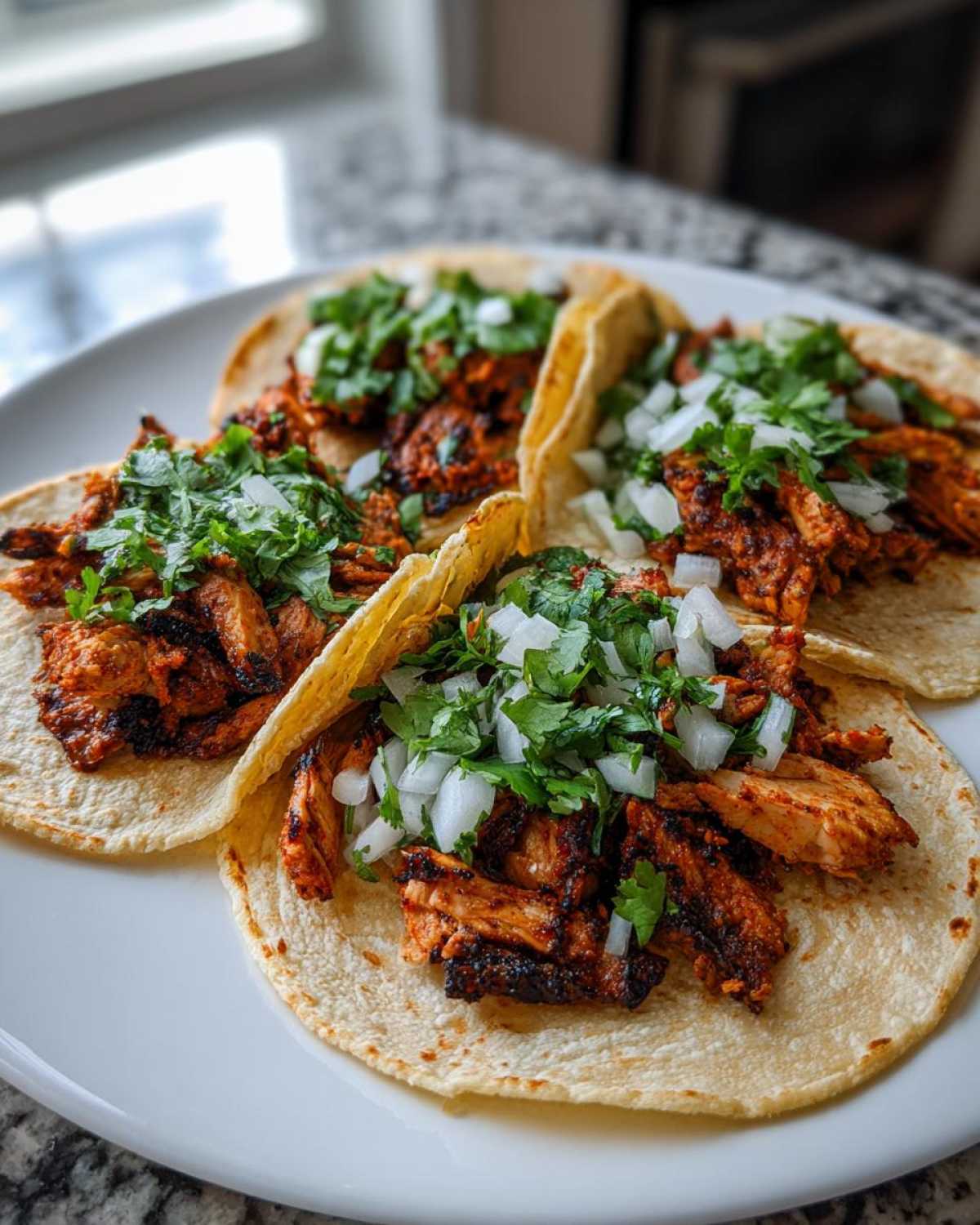 Four delicious smash chicken tacos filled with seasoned, charred chicken, topped with diced white onion and fresh cilantro.