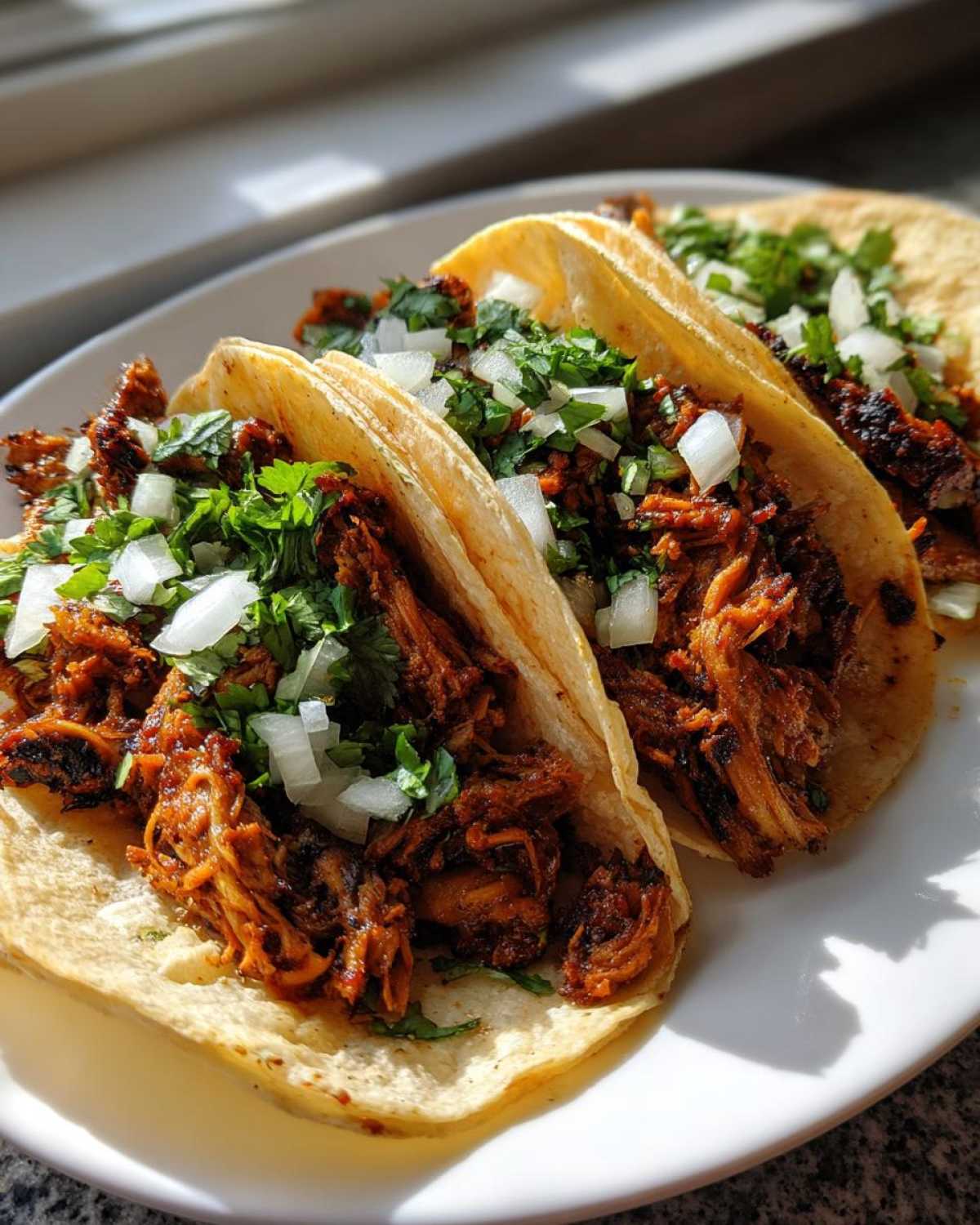 Three corn tortillas filled with shredded, seasoned smash chicken tacos, topped with white onion and cilantro.