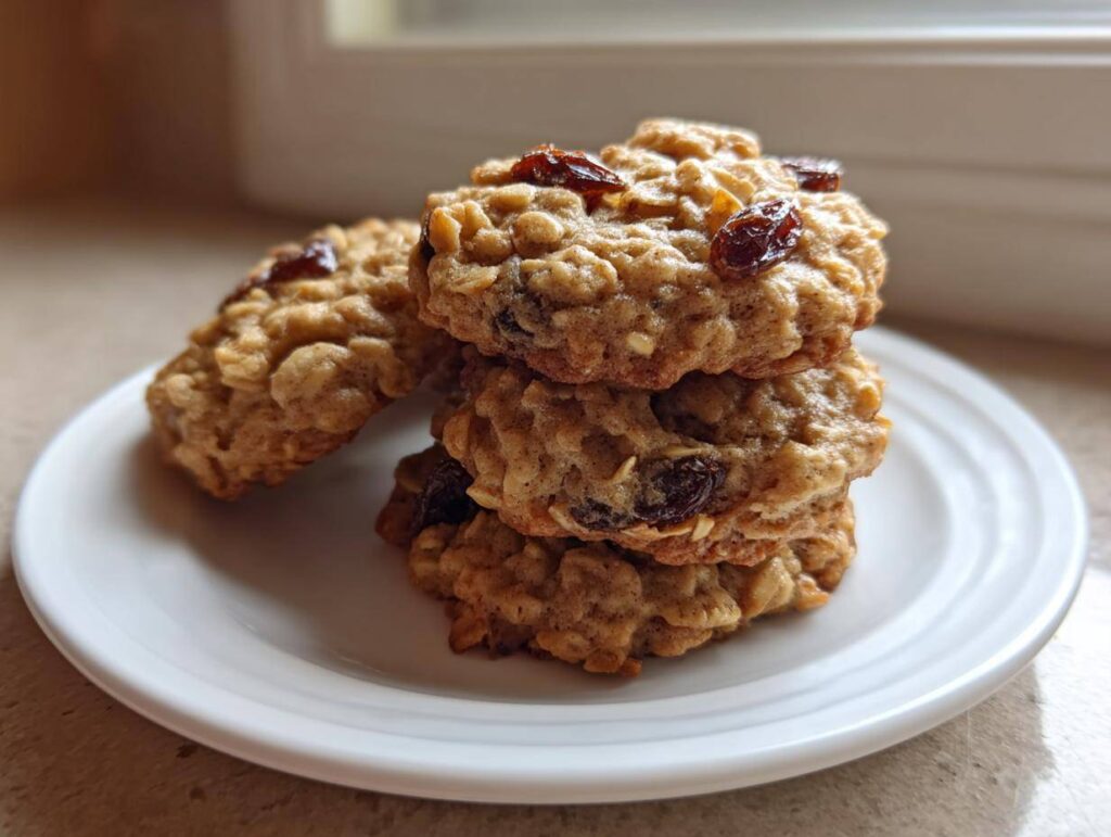 A close-up stack of three soft oatmeal raisin cookies resting on a white plate, showcasing visible oats and plump raisins.