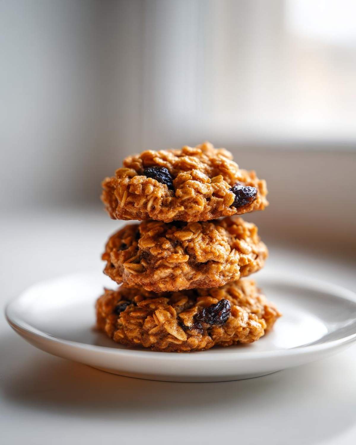 A stack of three soft, chewy oatmeal raisin cookies resting on a small white plate.